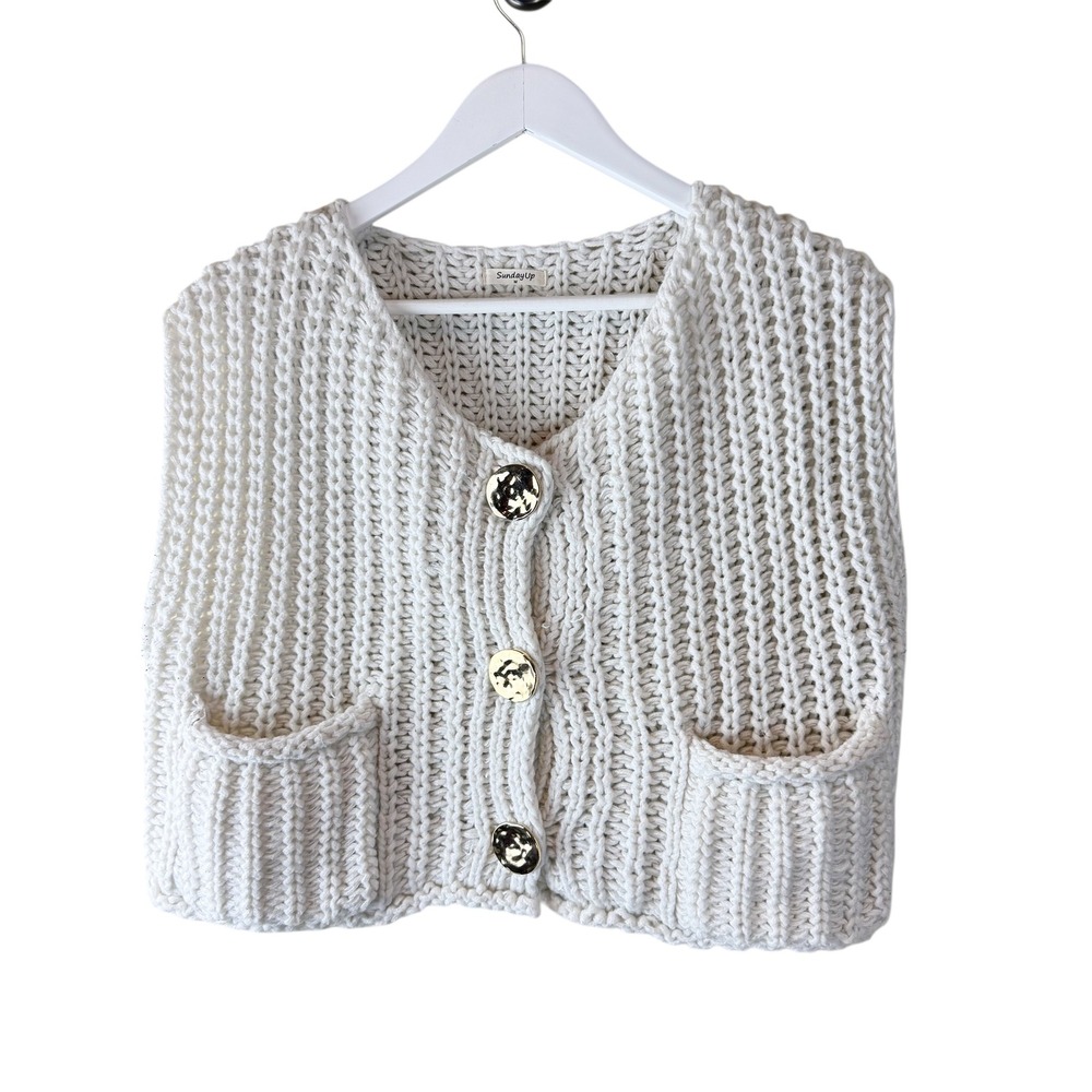 SundayUp Chunky Knit Sweater Vest Gold Buttons Sleeveless Cardigan M Cottagecore